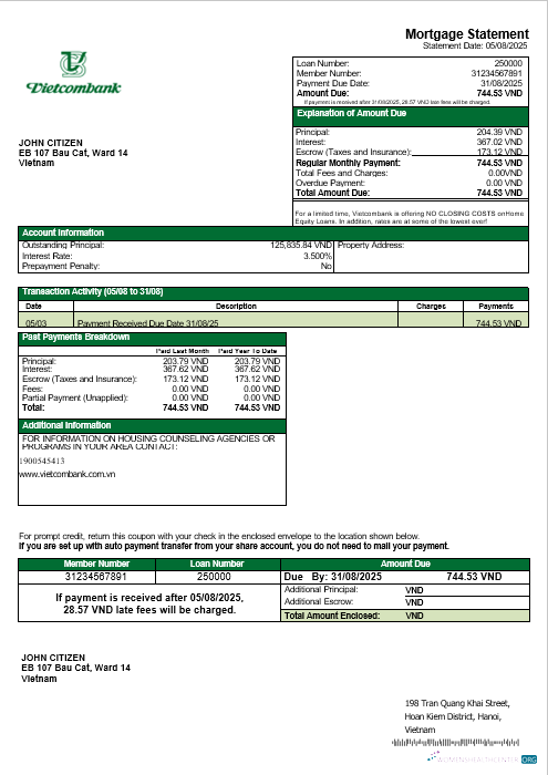 Download Vietnam Vietcombank mortgage statement in Word and PDF formats Photoshop template